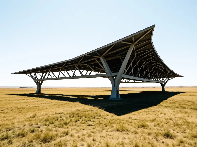 A sweeping angular canopy of steel trusses shelters an open prairie of dry gold grass under a clear pale blue sky.