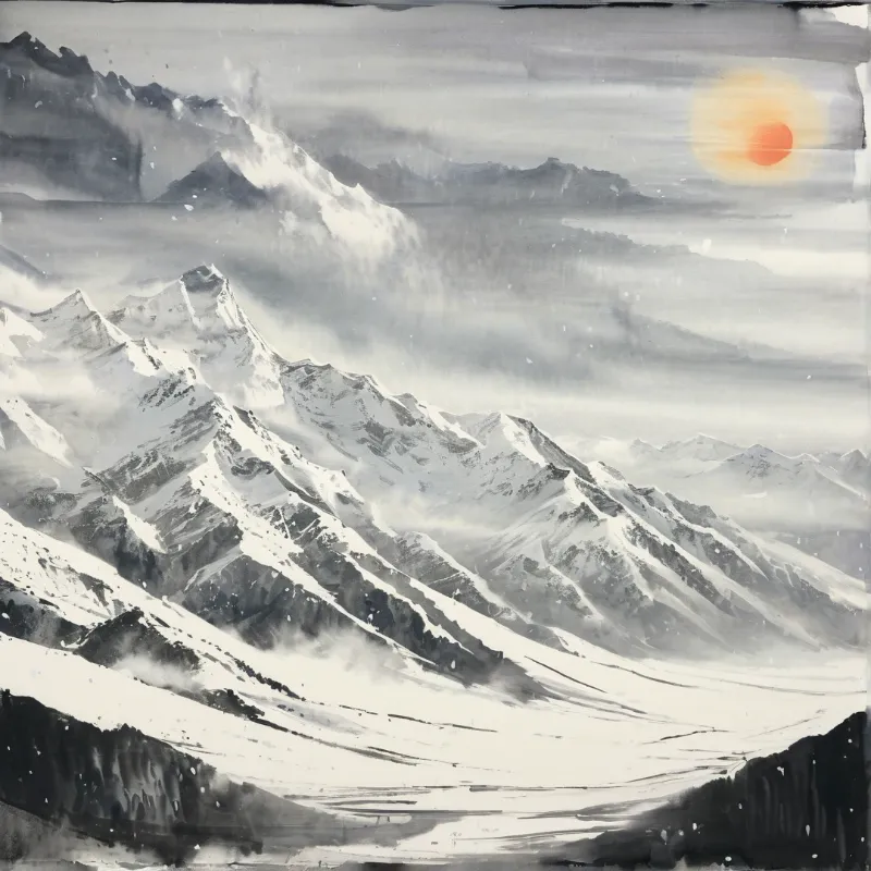 White snow covers jagged mountain ridges while a bright orange sun hangs in the grey sky above dark foreground trees.