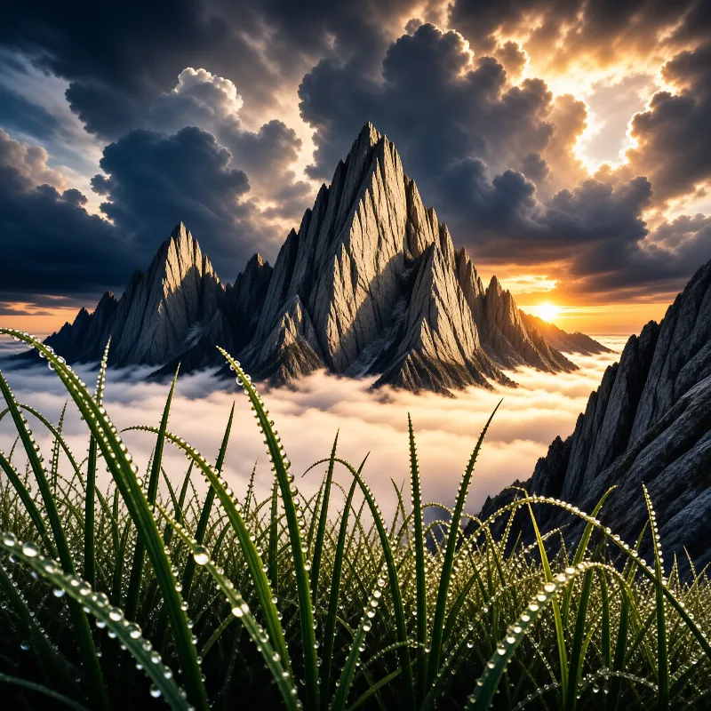 Jagged grey mountain summits tower over a glowing sea of clouds as the setting sun spills gold light across dewy grass.