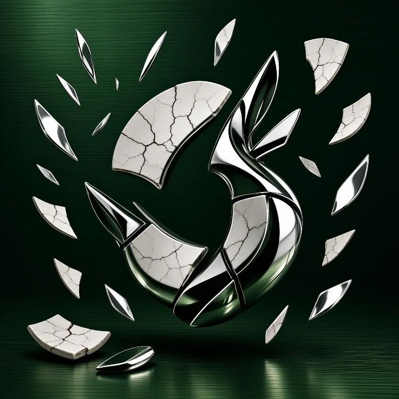 Polished chrome and cracked white marble shards orbit a reflective sphere against a brushed green ground.