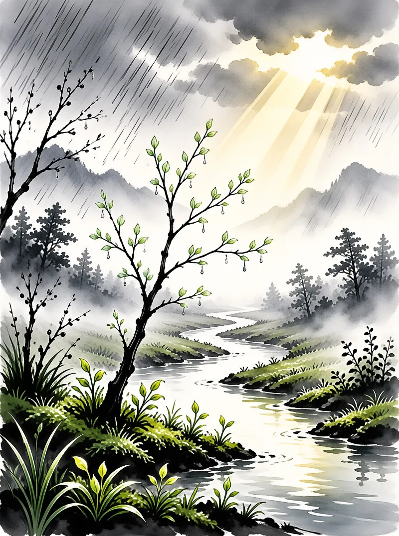 A winding river flows through a misty valley while rain falls and golden rays of sunlight break through dark clouds.