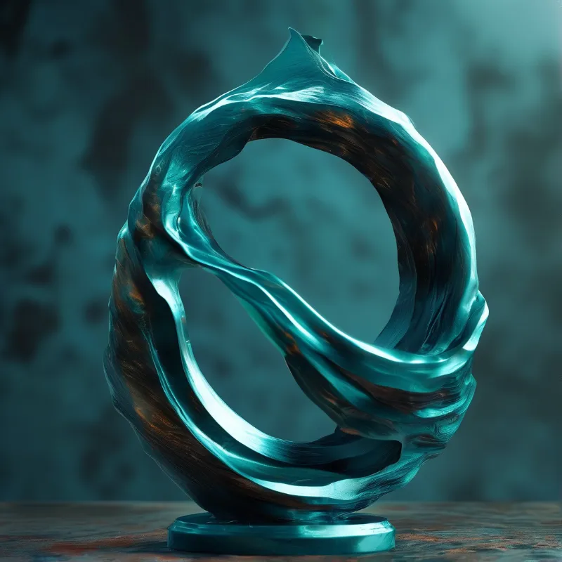 A glossy translucent teal torus with flame like peaks rests on a circular base over aged wood.