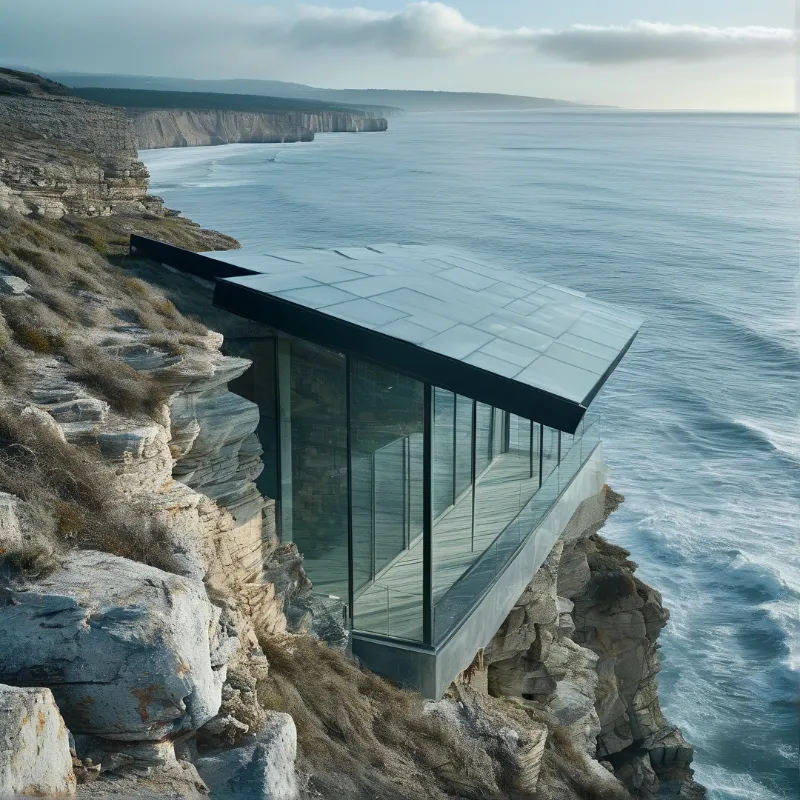 A slim glass pavilion with a flat dark roof projects from layered limestone above a calm grey sea and headlands.