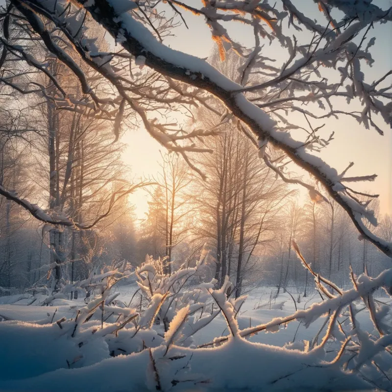Sunset Snowy Forest