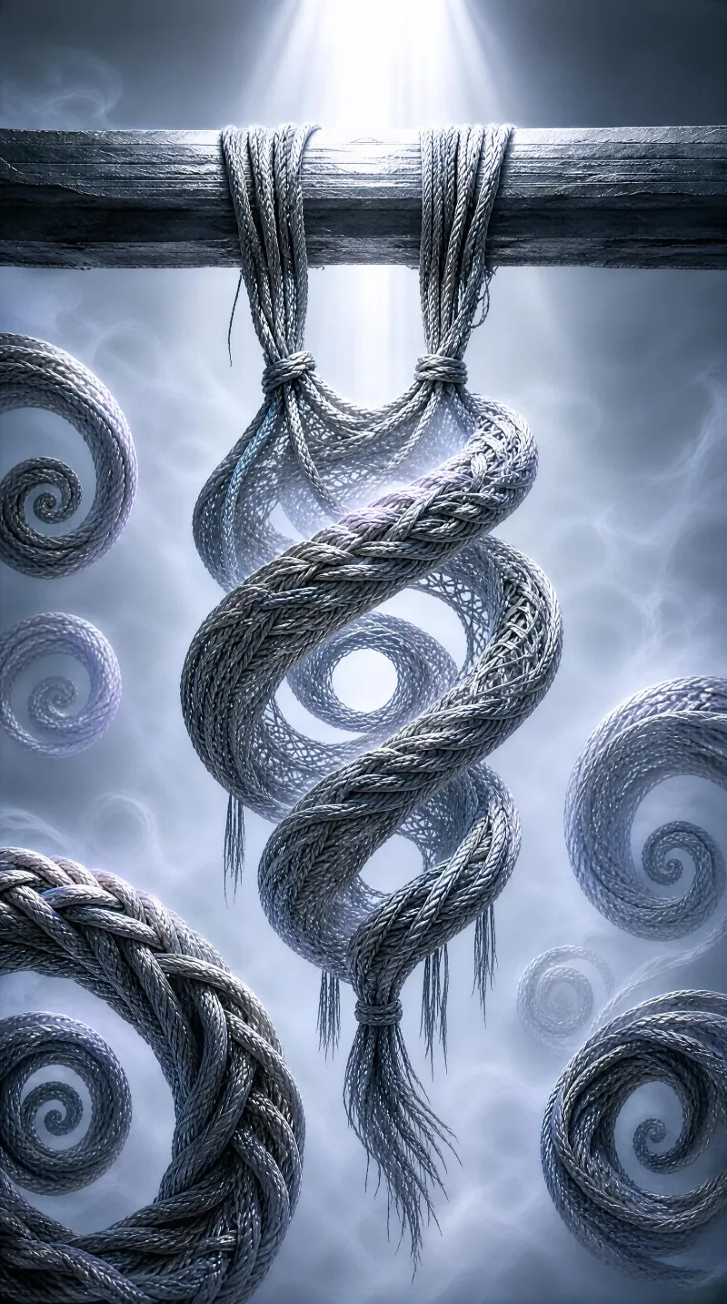 Braided ropes hang from a wooden beam in a misty setting with light beams shining down