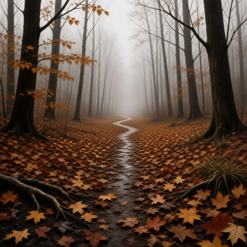 A slender waterway curves between tall trees while dense fog obscures the distance and fallen leaves cover the ground.