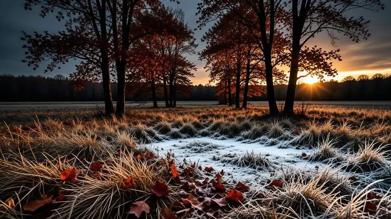 Tall trees with reddish leaves stand in a field covered in white frost as the sun sets.