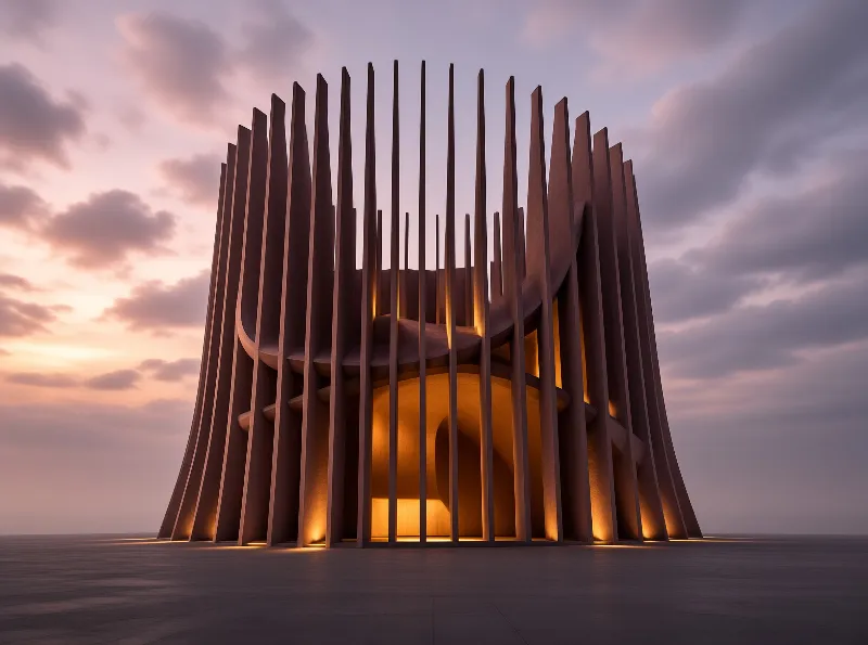 A tall fluted structure stands on a flat horizon during twilight, glowing with warm orange interior light.