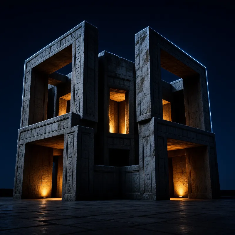 Massive carved blocks form open gateways lit from within by amber lamps, standing on a paved plaza under deep blue night.