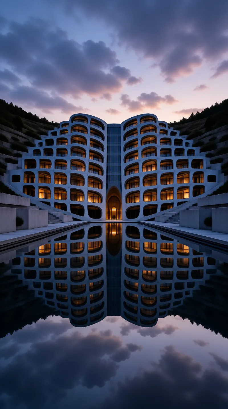 A white building with rounded windows glows warmly against a twilight sky, perfectly reflected in the still water below.