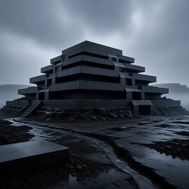 A massive dark tiered structure rises from wet rocky ground under a heavy overcast sky filled with mist.