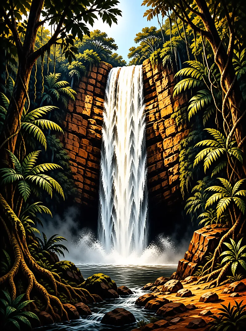A white waterfall pours from sunlit stone wall into rocky jungle gorge edged by lush tropical foliage in warm dappled light.