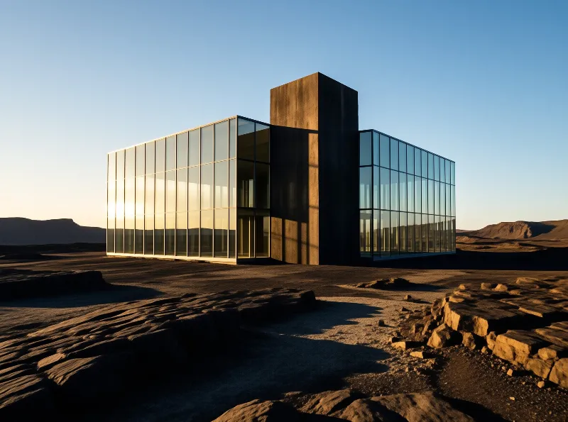 A contemporary structure featuring glass wings and a solid core rests upon cracked earth during low sun.