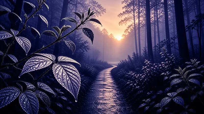 A winding path leads through a misty blue forest toward a bright sunrise, framed by leaves with water droplets.