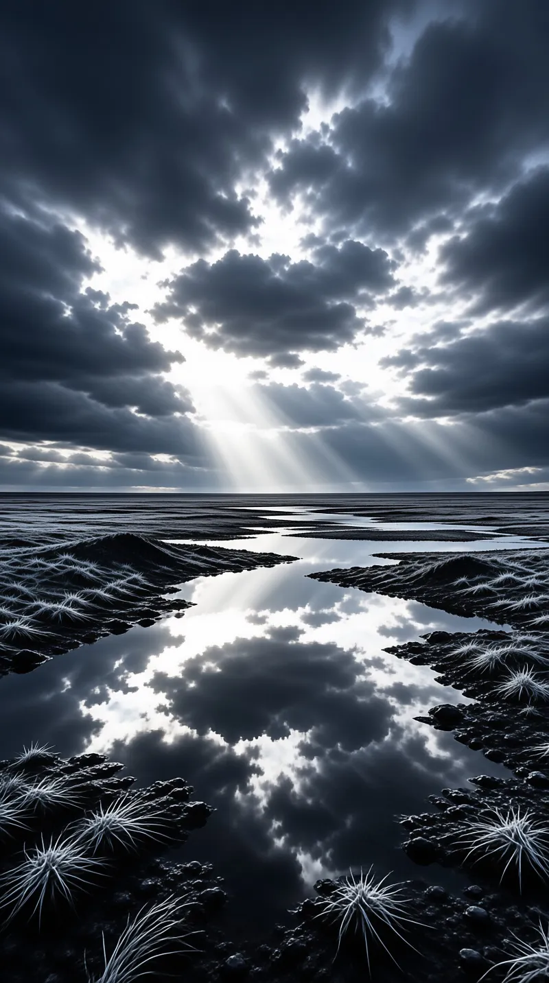 A dark landscape features a winding water channel reflecting heavy clouds and bright sunlight breaking through the sky.