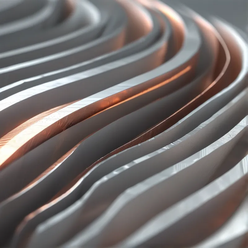 Rows of brushed metal bands curve in parallel, their inner edges glowing with a soft orange reflection.