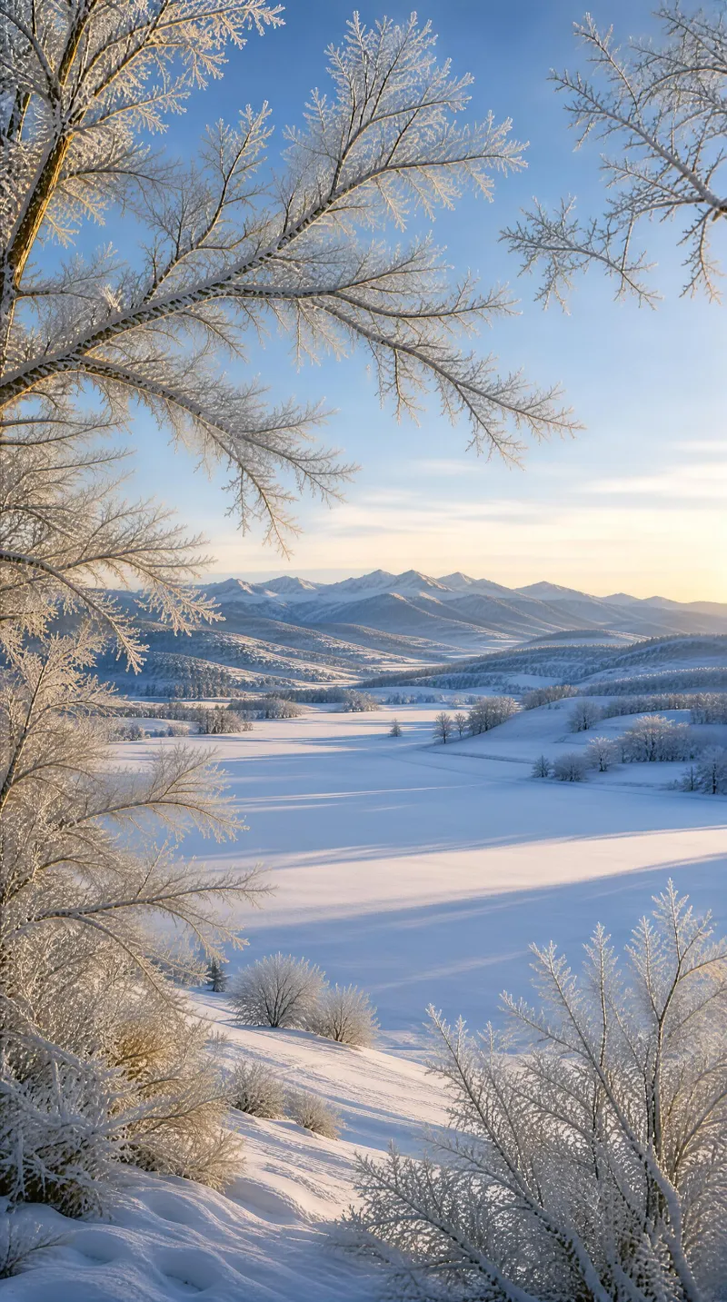 Winter Snowy Landscape with Frosty Trees