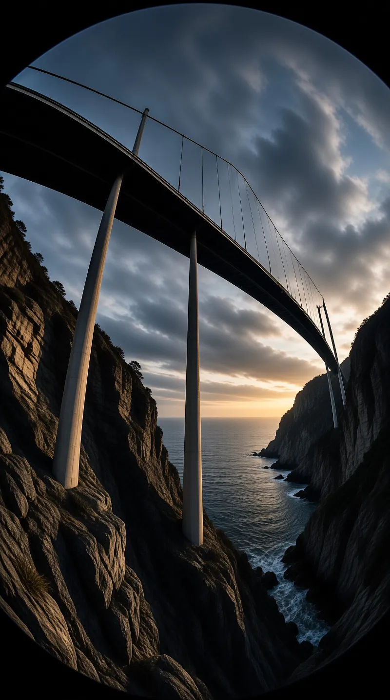 A high concrete bridge spans a deep gorge between rocky cliffs with the ocean visible below at sunset