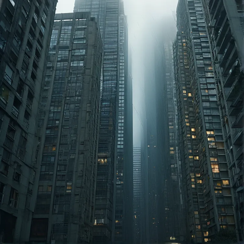 Tall city towers fade into dense atmospheric mist while scattered windows glow warm yellow against the cool stone exteriors.