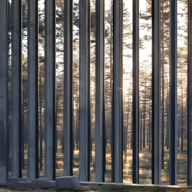Vertical grey concrete slats frame a sunlit pine forest with soft warm light filtering through the trees