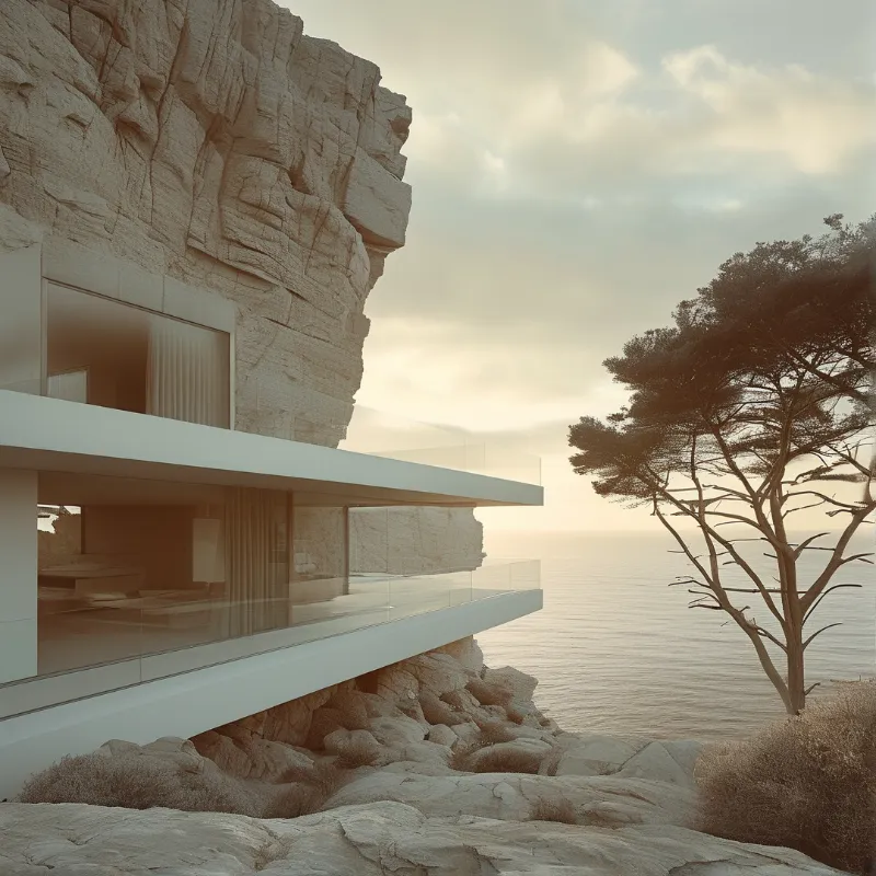 A sleek white residence juts out from a rugged stone cliff face facing the sea under soft morning light.