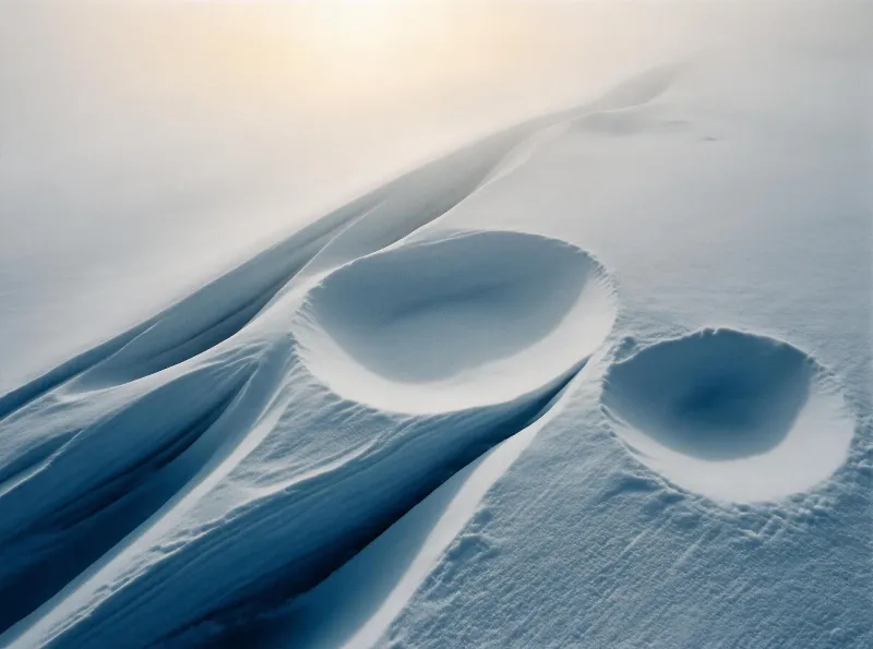 Snow forms two bowl-shaped depressions on a smooth, wave-like winter landscape under soft, diffused light