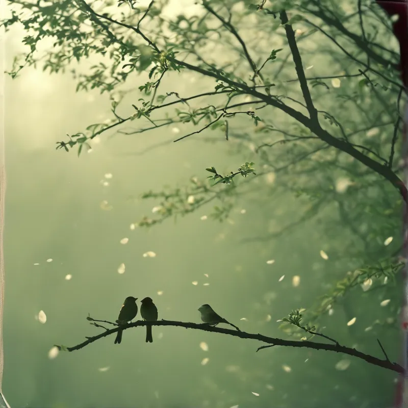 Three small birds sit on a thin branch while white petals drift through the air against a hazy green background.