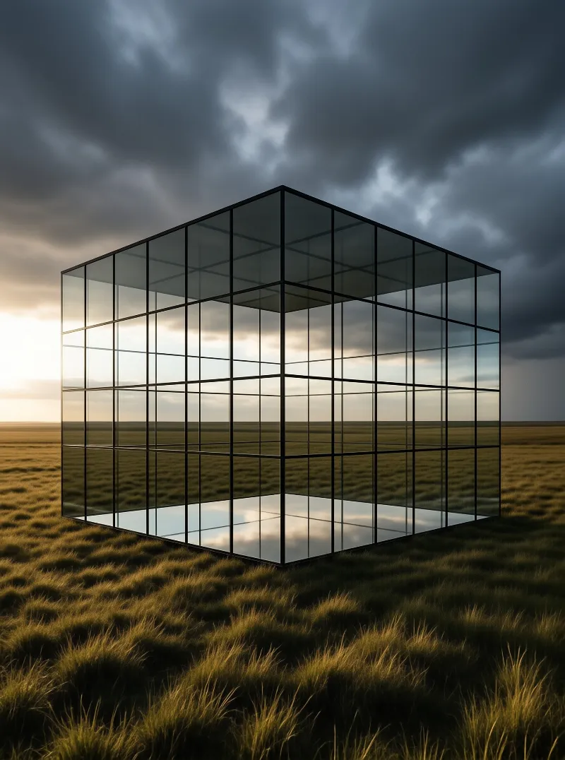 A large transparent glass box with a grid frame stands alone in a wide golden field beneath heavy storm clouds.