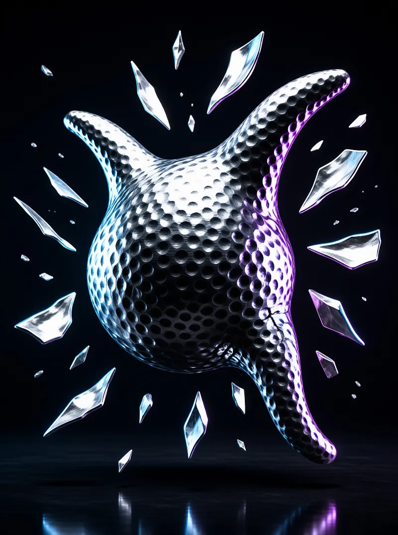 A dimpled chrome orb stretches into curved spikes as crystal shards hover around it on a black studio backdrop.