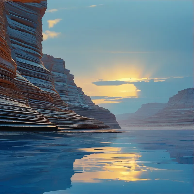 Towering layered cliffs rise from calm water, reflecting the golden sun and blue sky with scattered clouds.