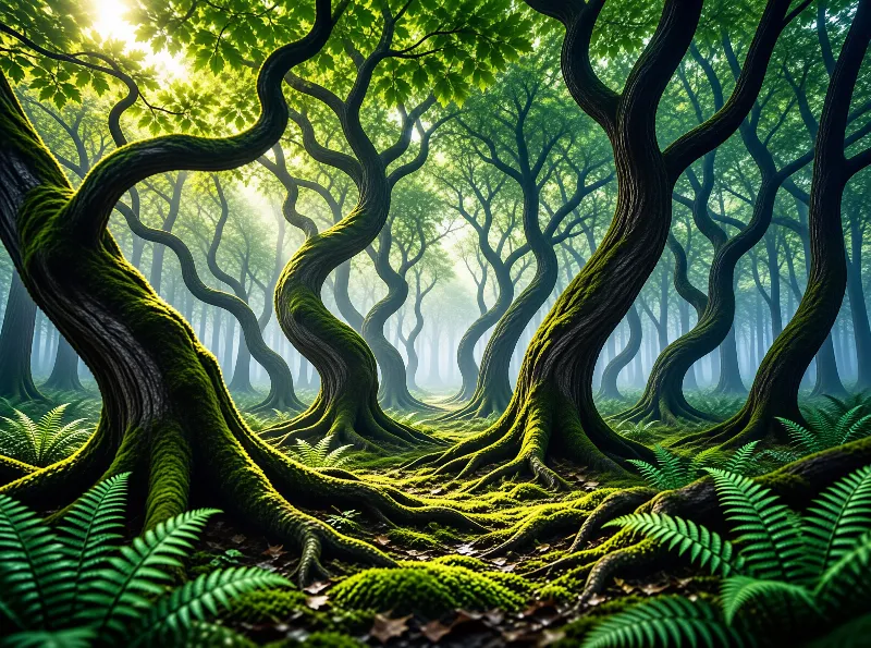Sinuous tree trunks wrapped in vivid green moss twist through a misty forest carpeted with ferns and dappled light.