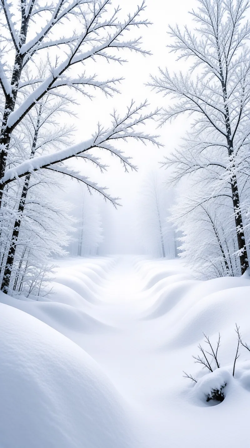 Tall frost covered trees stand beside deep winding snowdrifts fading into thick fog under a pale winter sky.