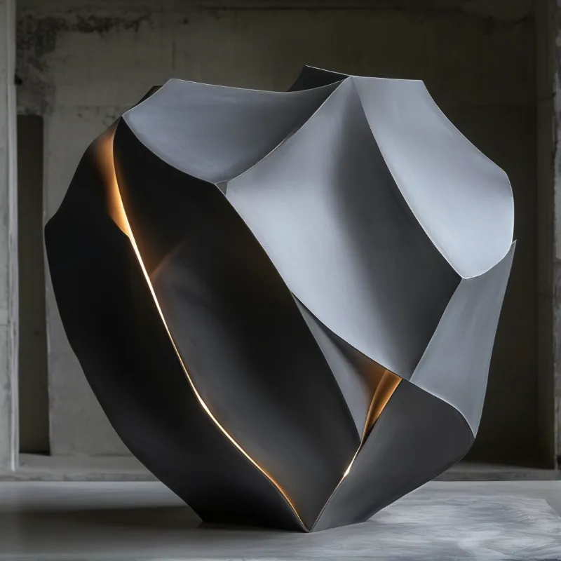 A faceted metallic object stands in a dim concrete room illuminated by a warm golden edge.