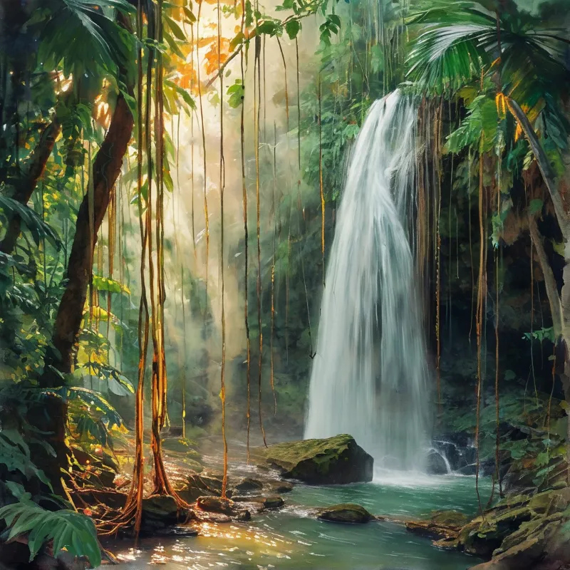 A white waterfall pours into a pool framed by dense tropical foliage and hanging vines as sunlight streams through the trees.