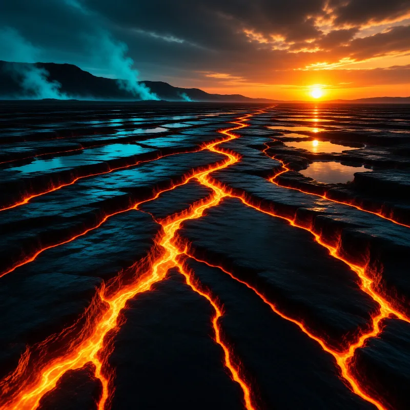 Bright orange lava rivers wind through a cracked black landscape under a setting sun.