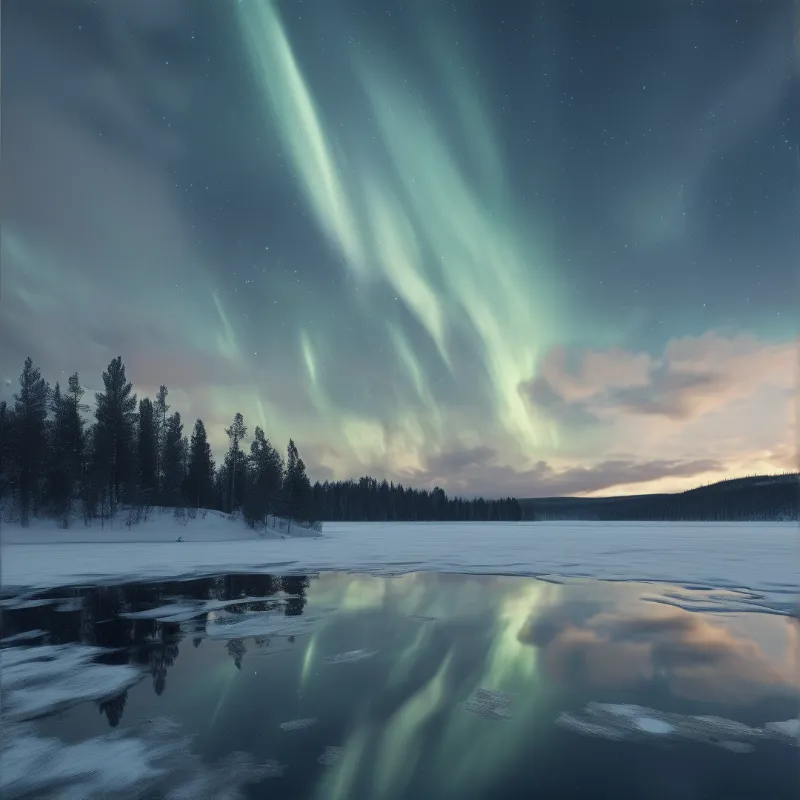 Green auroras light a starry sky over a snowy forest and frozen lake reflecting the celestial glow.