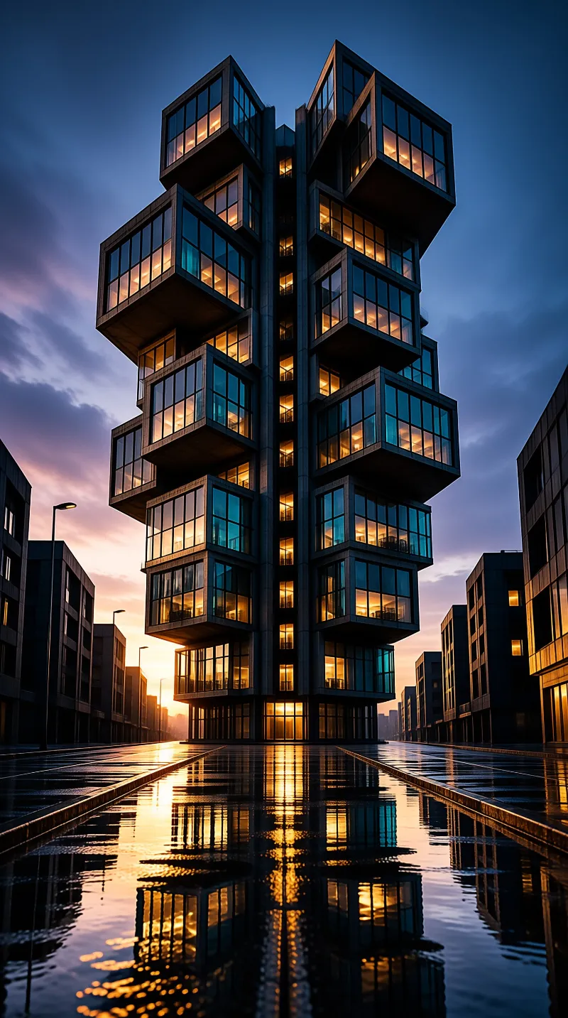 A vertical stack of cantilevered glass rooms glows with warm interior light above a wet reflective plaza.