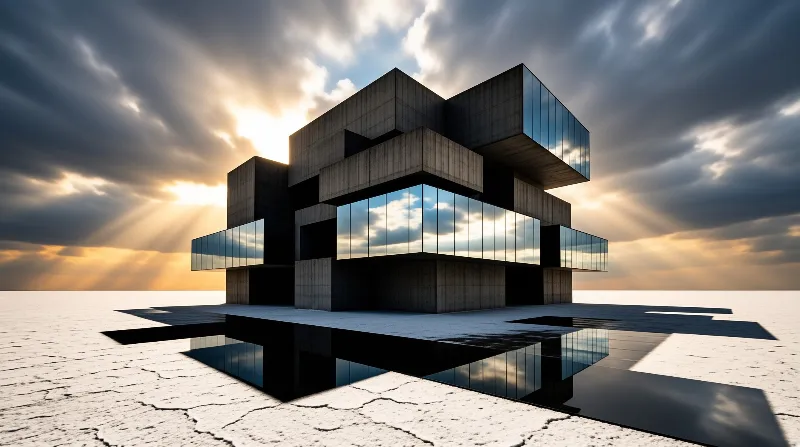 A brutalist building with glass panels sits on a cracked white plain under a dramatic cloudy sky.