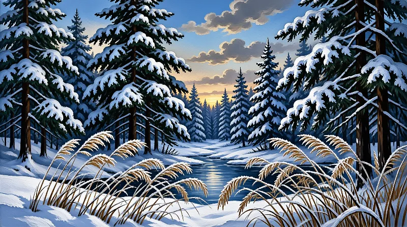 Snow covered pine forest surrounds a calm river reflecting the golden sunset light on the horizon.