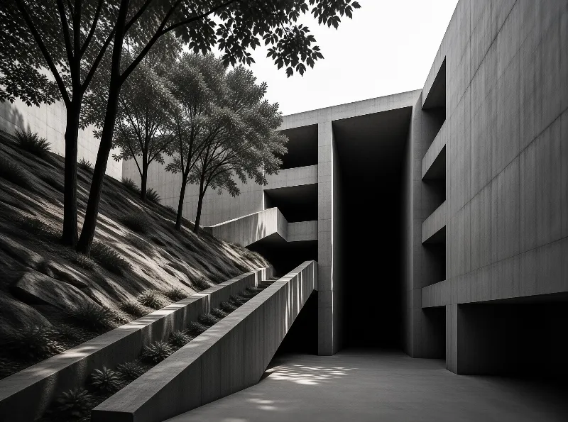 A monochrome view of a brutalist concrete building with a long stairway and trees casting dappled shadows on the slope.
