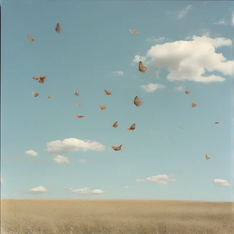 A loose swarm of butterflies drifts across a pale summer sky above a sunlit field of dry golden grass
