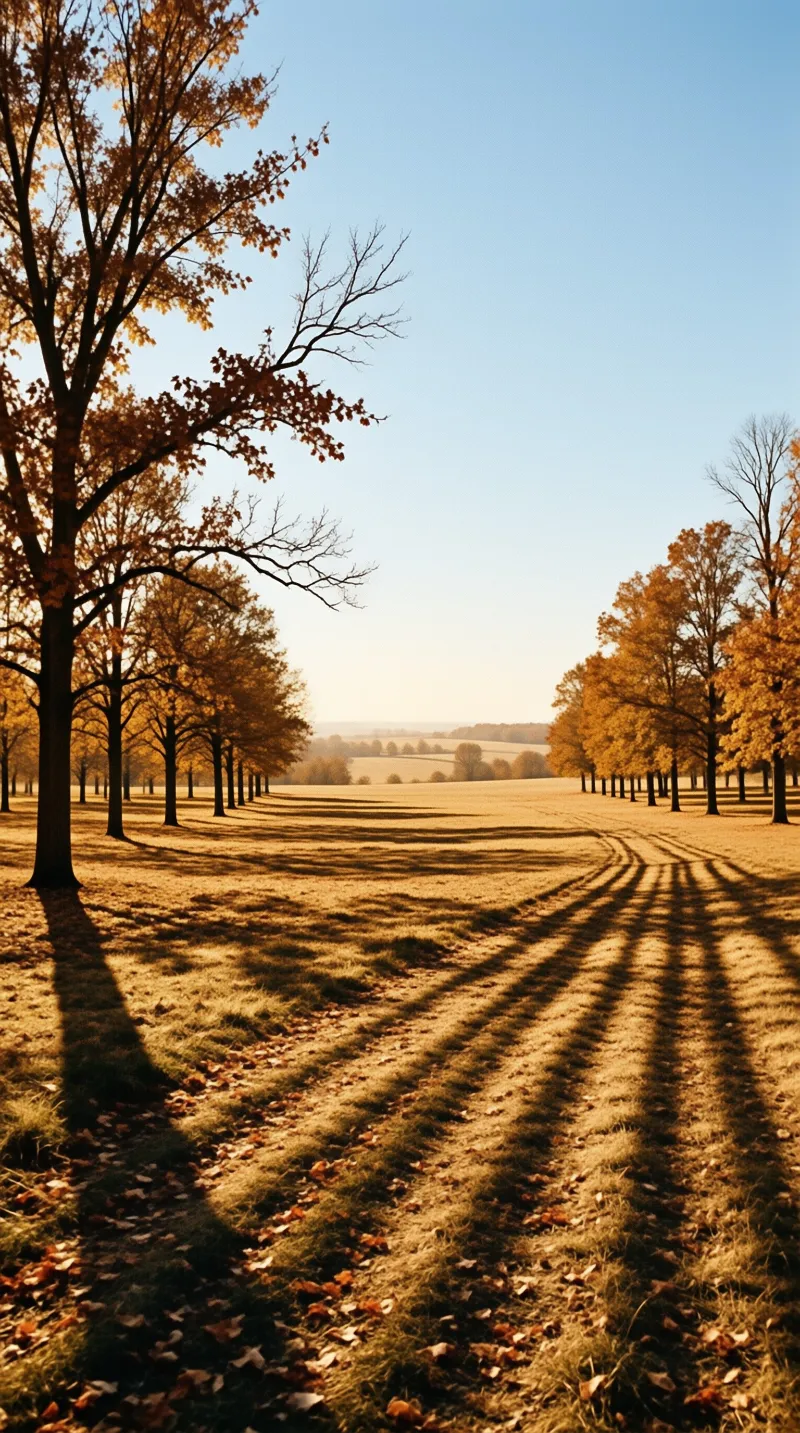 An avenue of amber oaks leans over a grassy path as low sun stretches shadows across fallen leaves