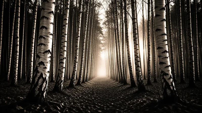 Rows of white birch trees create a tunnel effect leading toward a glowing misty horizon.