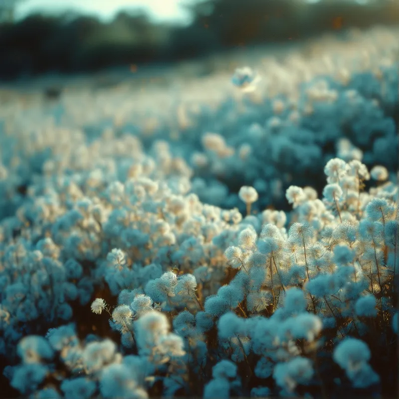 A field of delicate white globe seed-head flowers glows in warm backlight, softly blurred toward a dusky meadow.