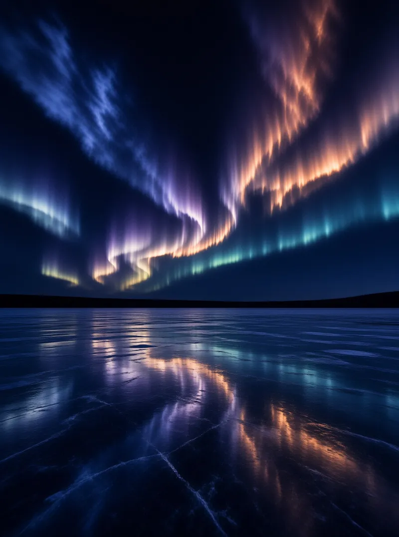 Green and orange aurora borealis curves across the night sky above a frozen lake reflecting the vibrant colors on the ice.