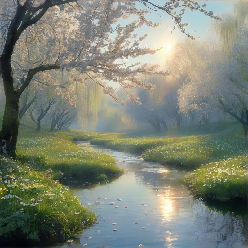 A winding stream curves through grassy banks under blooming cherry branches while morning sunlight breaks through drifting mist.