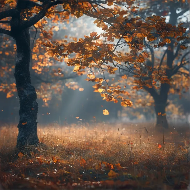Sunbeams slant through smoke blue mist onto an orchard floor scattered with rust coloured autumn leaves.