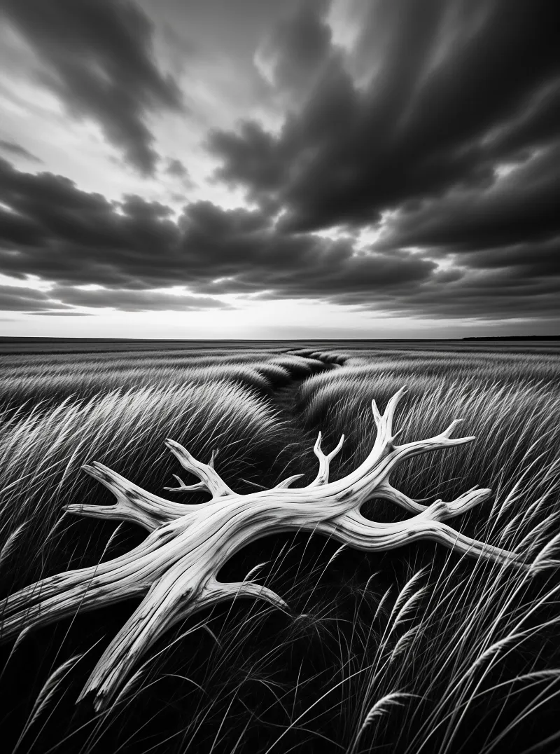 A pale weathered tree branch lies across rippling marram grass under a brooding black and white sky.