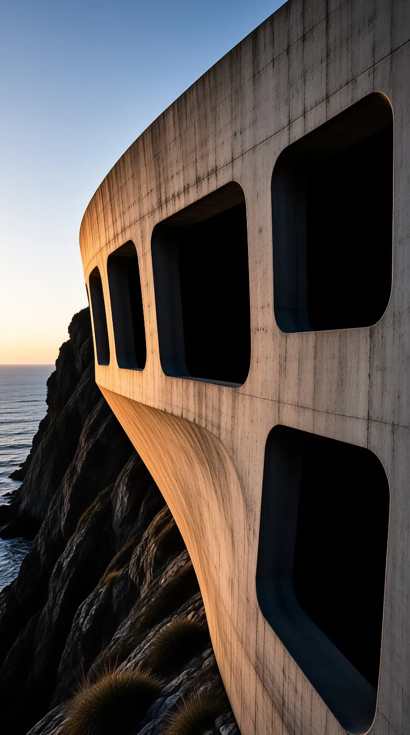 Curved concrete structure with large rounded rectangular openings juts over a dark rocky seaside cliff against a sunset sky.