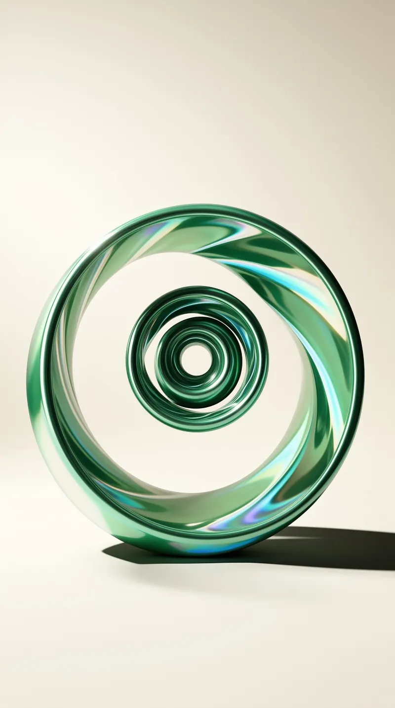A glossy green twisted ring sits on a beige surface with iridescent blue highlights.